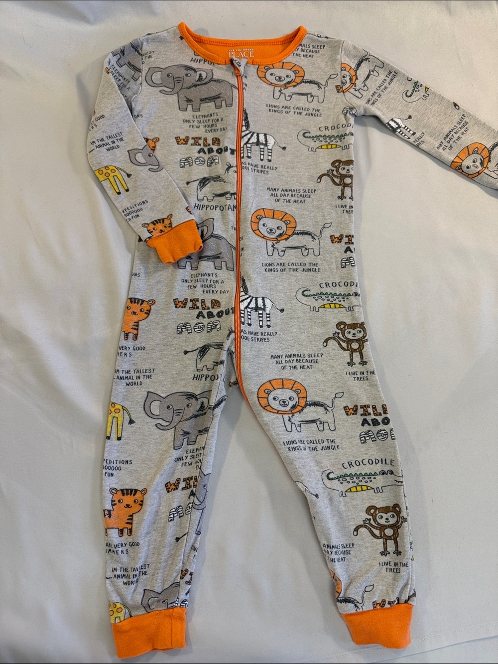 The Children's Place Gray Animal Print Footed Pajamas with Orange Trim